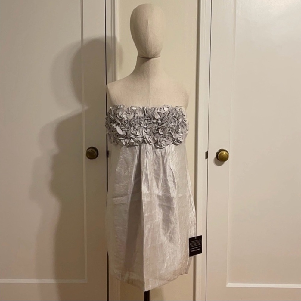 Bloomingdale’s Silver Strapless Floral Ruffle Party Dress